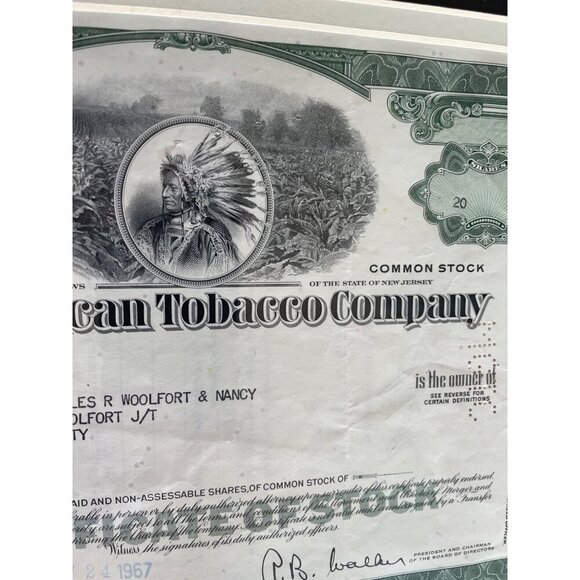 Framed Vintage 1967 American Tobacco Company Common Stock Certificate Green With - Picture 8 of 10